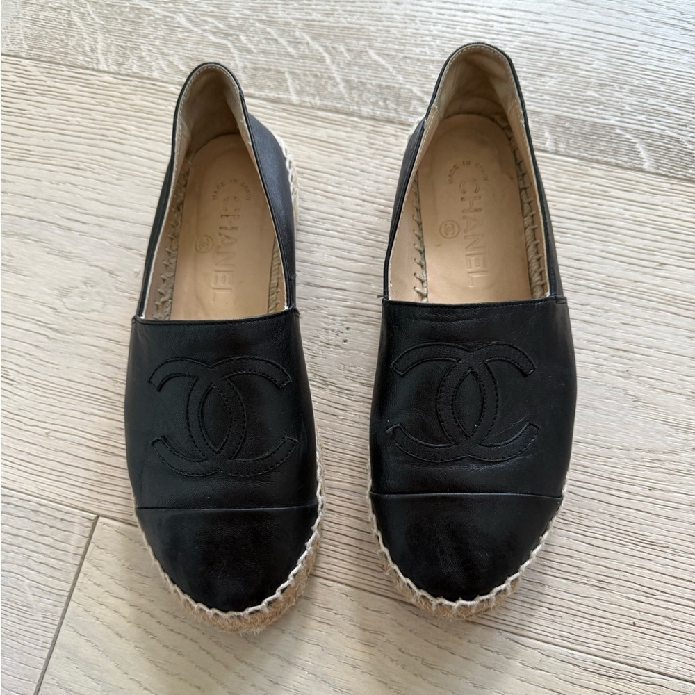 CHANEL Black Leather Espadrilles
